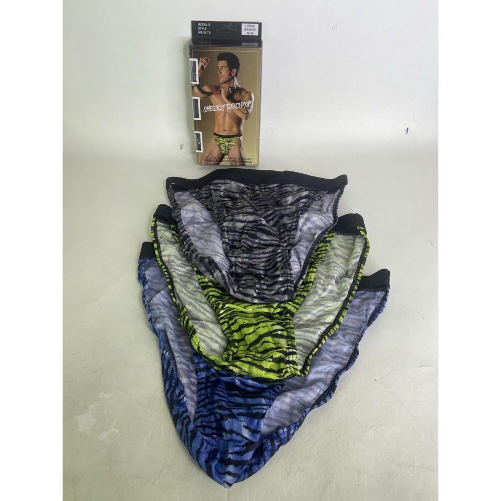 VTG Sheerly Touch-Ya Mens Size L 3 Pair String Tanga Brief Underwear Tiger Print